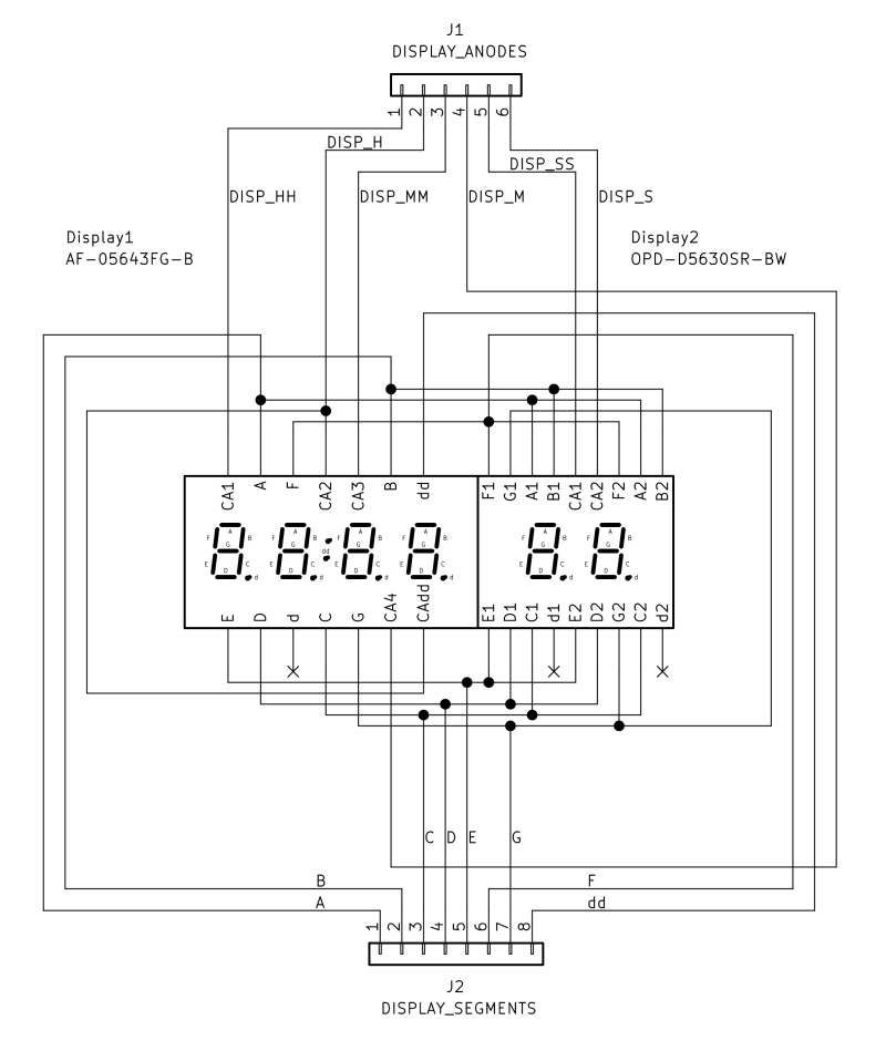 Binary-digital clock - schematic of display connection
